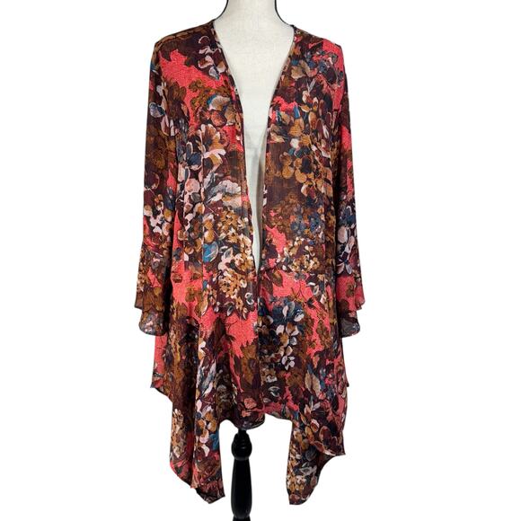 Catherines 3X-Large Draped Kimono Floral 3/4 Bell Sleeve Semi-Sheer Asymmetrical - Picture 1 of 8